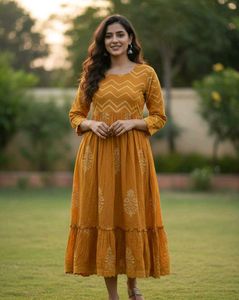 Mustard Yellow Printed Cotton Kurta