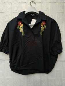 New with tag Embroidered Black Button-Up Top