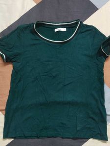 Solid Green T-Shirt with Striped Neckline