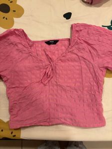 Pink Tie-Front Puff Sleeve Top