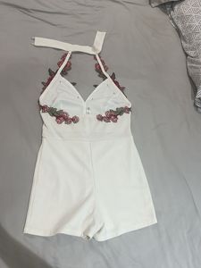 White Halter Neck Romper with Floral Embroidery