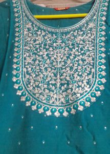 Teal Kurta with Intricate Neck Embroidery and mela