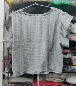 Grey Textured Tie-Front Crop Top