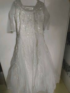 heavy flared White Anarkali Gown