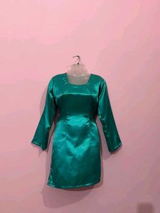 Elegant Teal Satin Kurta Skirt Set