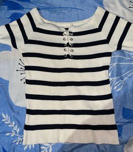 Striped Lace-Up Knit Top
