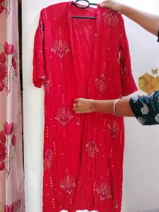Vibrant Red Ethnic shrug with Block Print