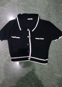 Black Cropped Collared Top