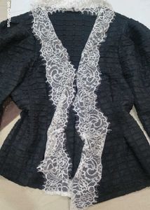 Elegant Black Lace Trim Blouse,puffy sleeves