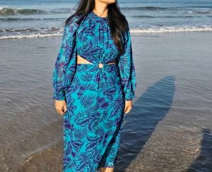Blue Floral Print Cutout Midi Dress