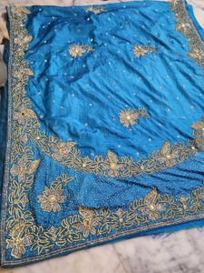 golden Dimond work light blue color Saree