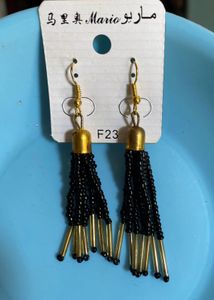 New Black Beaded Tassel Earrings with Golden Caps