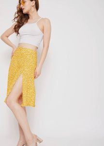 Yellow Floral Midi Skirt with Slit