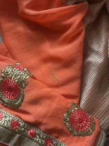 Embroidered Orange Saree