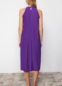 New!pleated  Purple Halter Neck Midi Dress