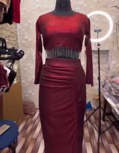 Party wear Maroon Embellished Crop Top & Skirt Set