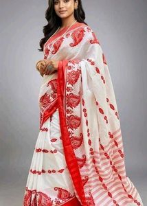 Elegant White & Red Printed Saree