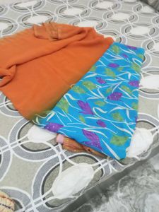 Vibrant Orange &amp; Blue Floral Saree