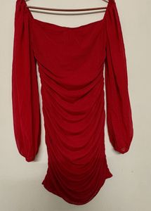Chic Red Ruched Long Sleeve Dress