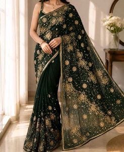 Premium heavy embroidery work green georgette sare
