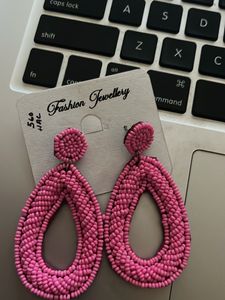 Bright Pink Beaded Teardrop Earrings