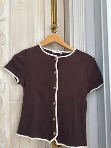Brown Button-Up Top with White Trim