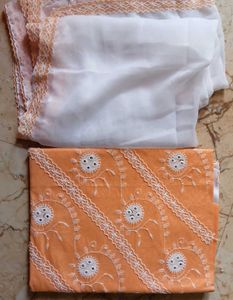 Orange & White Embroidered Dress Material with Dup