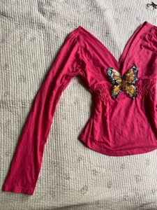 Cute Butterfly Embellished Pink Top