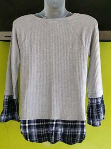 Gray Waffle Knit Tunic with Plaid Trim