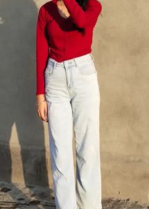 Red Ribbed Cropped Blouse Top