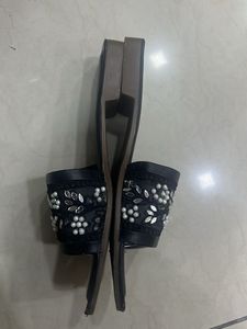 Embellished Black Flat Sandals