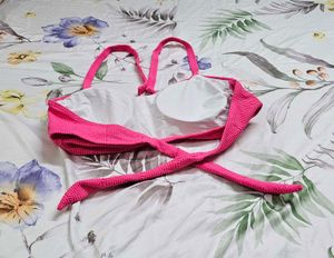 Pink Textured Halter Bikini Top with Tie Back