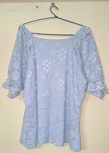 Light Blue Lace Puff Sleeve Top