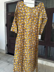 Yellow & Grey Printed Kurta