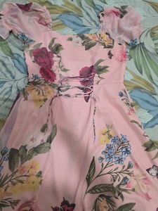 Pink Floral Puff Sleeve Midi Dress