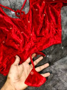 Red Velvet Blouse with Gold Embellishments
