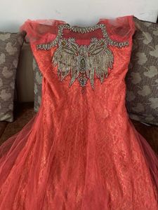 Elegant Coral Embellished Ethnic Gown