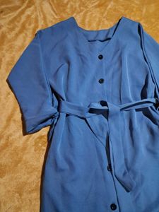 Blue Button-Down Midi Dress with Belt
