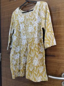 Mustard Floral Short Kurti with lace detail