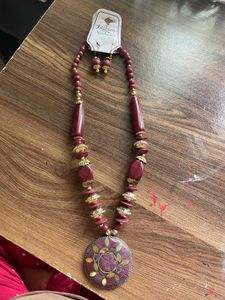 Maroon Beaded Necklace & Earring Set