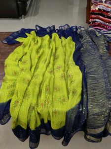 Elegant Lime Green &amp; Navy Sari