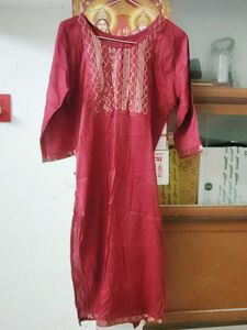 Maroon Kurta with Embellished Neckline