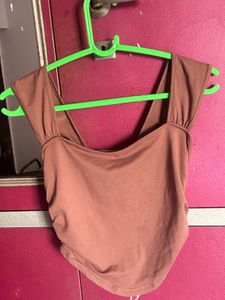 Brown Scoop Neck Cap Sleeve Top