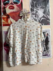 Cute Butterfly Print cropped Button-Up Shirt