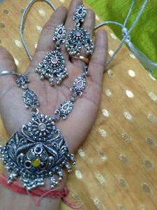 Heavy Oxidised Silver Necklace and Earrings Set
