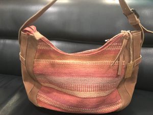 Leather And Jute Striped Handbag