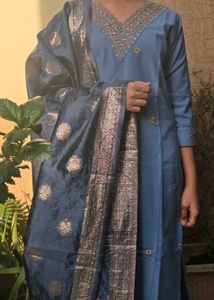 Blue Kurta Set with Embellished Neckline