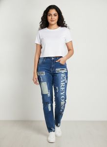 Graphic Print Distressed Jeans