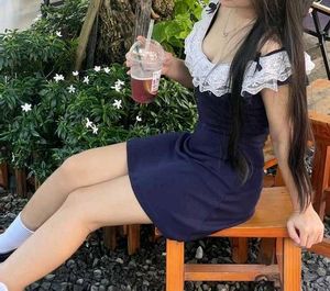 y2k Navy Lace Collar Dress