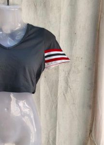 Grey Cropped V-Neck Top with Striped Sleeves